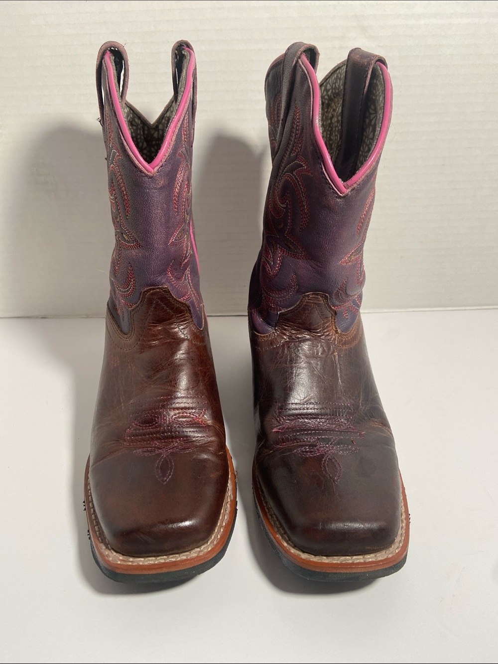 Dan Post Girls' Majesty Western Boots in brown and purple with a square toe.